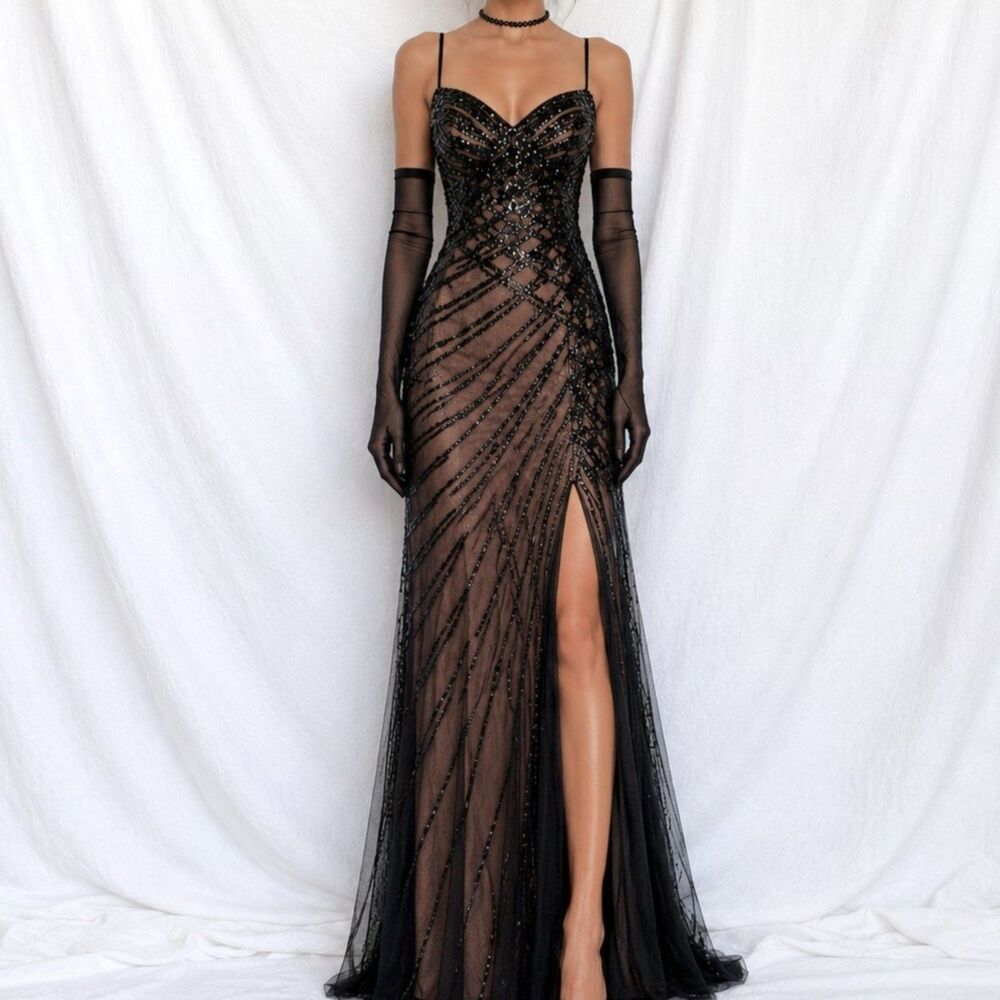 Vintage Y2K Brown Black Beaded Mesh Maxi Bodycon Side Slit Prom Dress Size M/L - Picture 3 of 13
